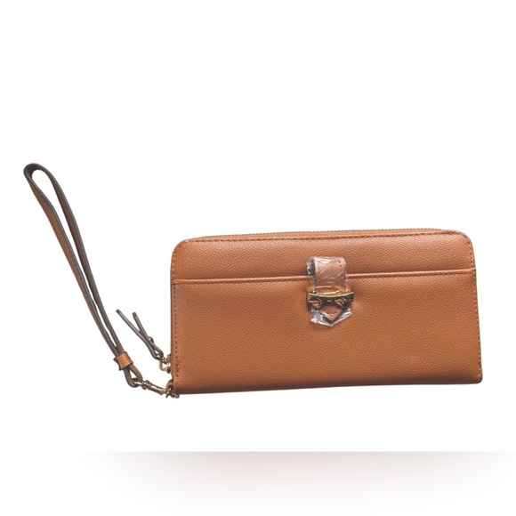 NWOT Anne Klein Tan Zip Around Wallet With Gold Tone Bow Detail & Wristlet Strap - Picture 1 of 4